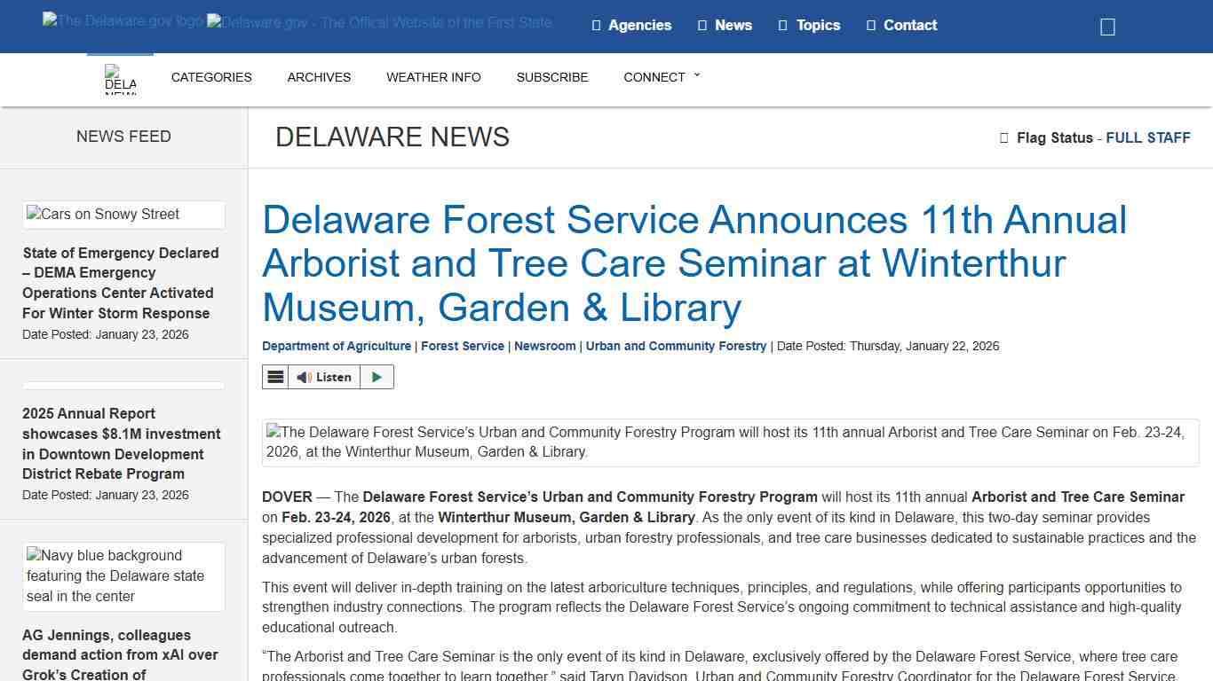 Delaware Forest Service Announces 11th Annual Arborist and Tree Care Seminar at Winterthur Museum, Garden & Library - State of Delaware News